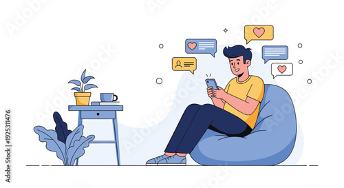 Young man relaxes on a blue bean bag chair at home while using his smartphone and receiving social media likes.