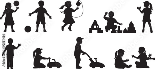 Silhouettes of children engaged in diverse play activities, including ball games, jumping rope, building blocks, and imaginative play, representing 