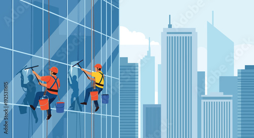Two professional workers in safety gear and harnesses wash the glass exterior of a high-rise office building in the city.