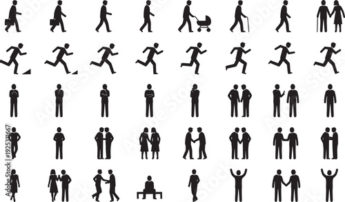 Silhouettes of diverse human figures in various poses and activities, including walking, sitting, running, and social interaction, representing everyday lifestyle, movement, and behavior.