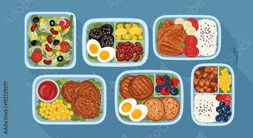 Top view of several healthy meal prep containers filled with salads, proteins, eggs, rice, and fresh fruits for a week.