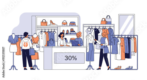 Shoppers browse clothes and talk to staff in a modern fashion boutique offering a thirty percent discount on items.