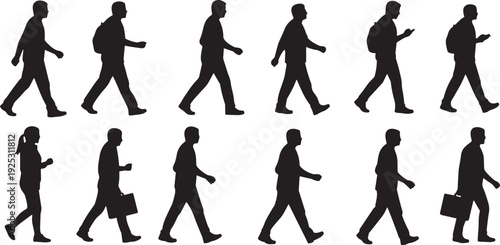 Silhouettes of diverse individuals walking in everyday postures, carrying backpacks, briefcases, and mobile phones, representing modern lifestyle, movement, technology use, and human variation.