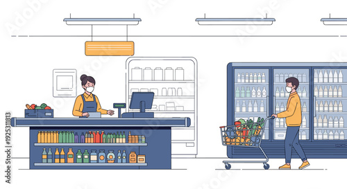 Supermarket employee and a customer wear protective face masks while shopping and working near a refrigerator.