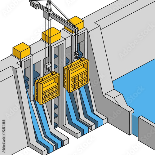 Dam with Gates and Crane for Water Control and Management.
