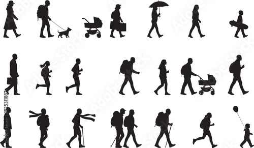 Silhouettes of diverse people engaged in everyday activities, including walking, running, pushing strollers, walking dogs, carrying bags, and social 