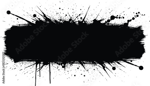 Black silhouette vector of a grunge ink splatter with messy paint brush strokes and artistic ink drops for urban street art background designs.