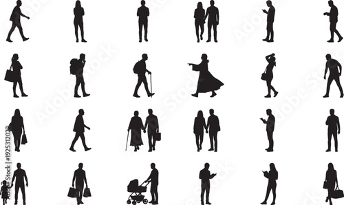 Silhouettes of diverse people in everyday activities, including walking, standing, using phones, carrying bags, riding scooters, and social interaction, representing lifestyle, movement, and behavior.