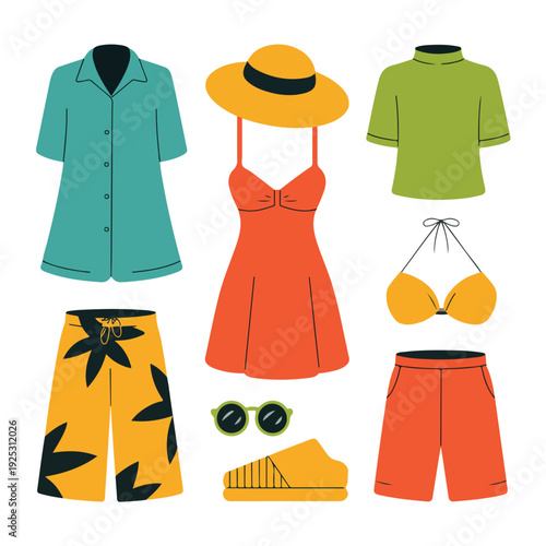Vector illustration collection of fashion garments featuring casual men's and women's wear like shirts, dresses, jackets, and pants in a stylish textile design set