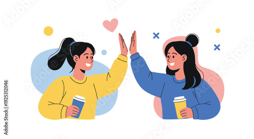 Two young women giving a high five and holding coffee cups to celebrate success and friendship on a minimalist background.