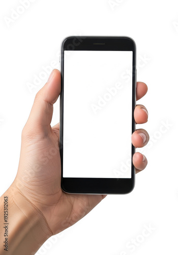 Hand holding a black smartphone with blank white screen isolated on transparent background