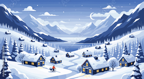 Picturesque winter landscape featuring a snow covered mountain village at night under a starry sky with a crescent moon.