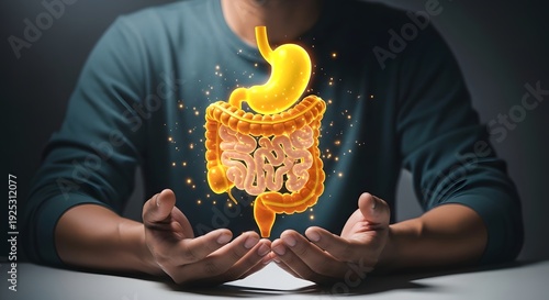 A person holding a glowing 3D model of human digestive system