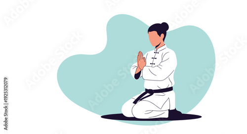 Martial arts practitioner in a white uniform and black belt kneeling in a traditional respectful pose on a white background.