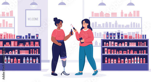Two women including one with a prosthetic leg shopping for skincare products in a modern well stocked pharmacy or store.
