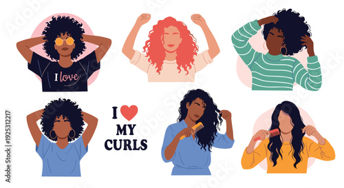 Collection of diverse women with various types of beautiful curly hair celebrating their natural texture and hair care.