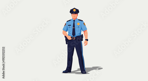 Professional male police officer in a blue uniform and cap standing confidently with his hand on his duty belt on gray.