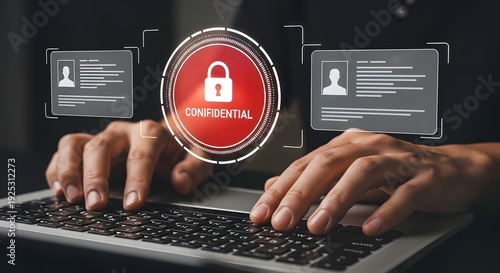 A person typing on a laptop with confidential information displayed on the screen