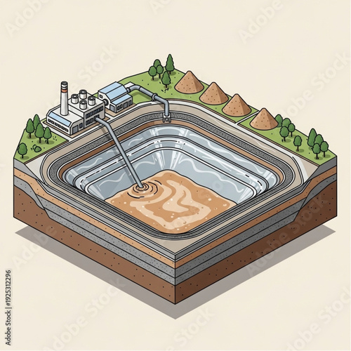 Industrial wastewater treatment plant with sedimentation tanks and sludge processing.