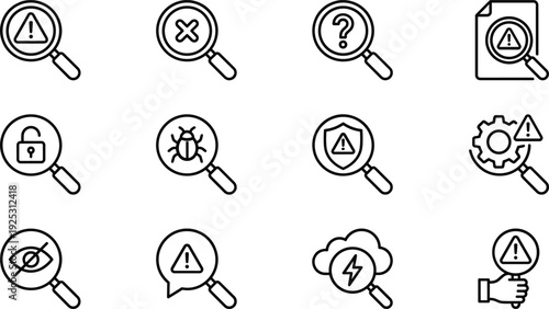 A set of vector line art icons depicting various warning and alert symbols with magnifying glasses on a white background