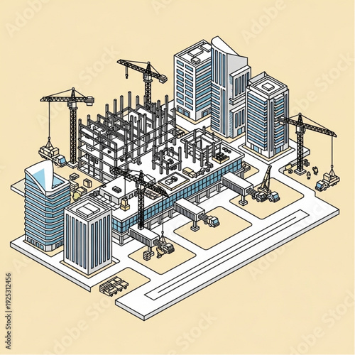Isometric illustration of a construction site with buildings and cranes.