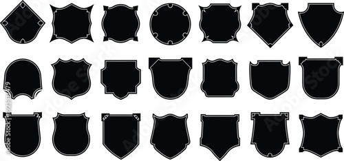 Large collection of black silhouette vector icons featuring various vintage shield shapes heraldic emblems and decorative plaque frames for creative branding and awards.