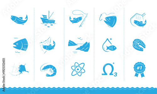 Salmon fish set icons. Perfect for food, pet food and products, omega 3 supplements. The outline icons are well scalable and editable. Contrasting elements are good for different backgrounds. EPS10.