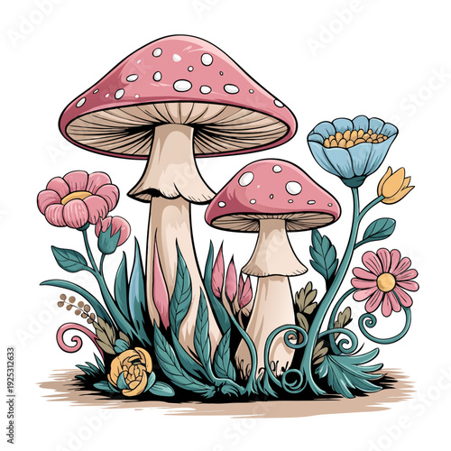 Delightful vector illustration of two large pink spotted mushrooms nestled amongst blooming wildflowers and verdant foliage on a white background.
