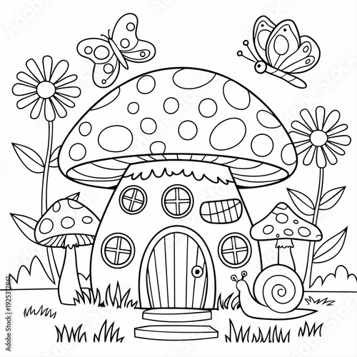 Whimsical mushroom house with butterflies and a snail, set in a garden with flowers, perfect for children's coloring pages and fantasy themes.