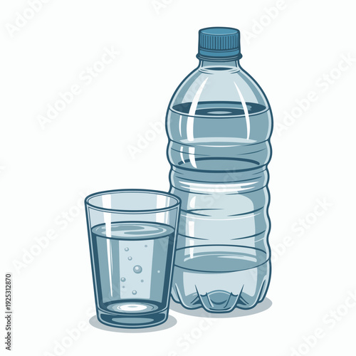 Isolated clear plastic bottle and glass of fresh mineral water with pure liquid refreshment on a clean white background