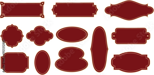 Large collection of vintage burgundy and gold frame vector silhouettes featuring various ornamental plaque shapes and decorative border outlines for luxury branding designs.
