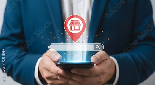 Businessman using smartphone with house icon and search bar for real estate search