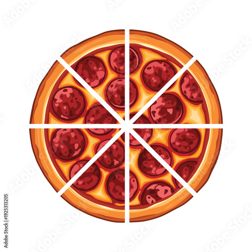 A whole pepperoni pizza cut into slices top view vector illustration. Whole salami pizza sliced into eight pieces icon isolated on a white background. Pizza flat lay drawing