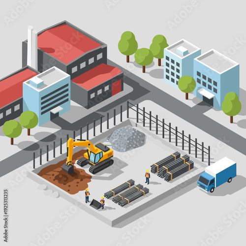 Industrial site with construction equipment and buildings.