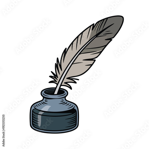 Isolated vintage quill pen and plume with a black inkwell bottle, a vector illustration of an antique bird feather for calligraphy and literature art on white