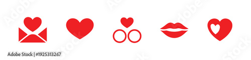 Red love heart icons set with letter envelope rings lips and romance symbols for valentine holiday
