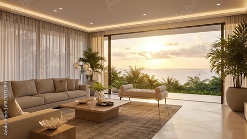 Modern luxury living room interior with sofa, fireplace, window light and comfortable furniture design space 4k video