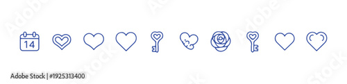 Calendar with number 14, hearts, keys, rose and hearts inside hearts icons