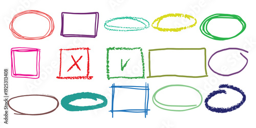 Hand drawn crayon box frame with black pen border and doodle rectangle shape. Dialogue cloud shapes, cartoon crayon communication frame, text box 