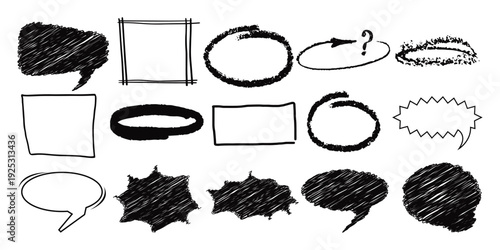 Hand drawn crayon box frame with black pen border and doodle rectangle shape. Dialogue cloud shapes, cartoon crayon communication frame, text box 