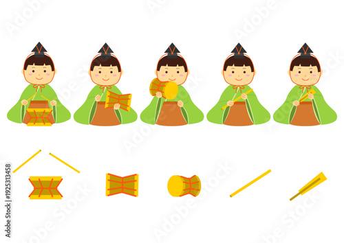 雛祭りの五人囃子と楽器のイラストのセット