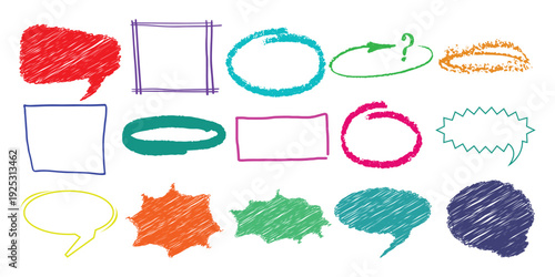 Hand drawn crayon box frame with black pen border and doodle rectangle shape. Dialogue cloud shapes, cartoon crayon communication frame, text box 