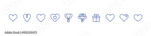 Heart shapes, hot air balloon, bouquet, gift box, hearts on string icons