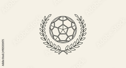 Stylized Geometric Soccer Football Ball in Laurel Wreath, Sport Achievement Emblem on Light Background