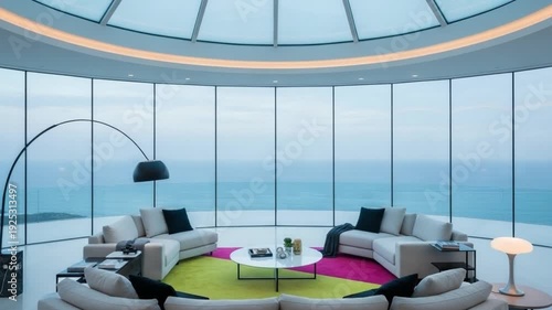 Modern airport interior with empty waiting lounge, glass windows, business desks, chairs, laptops, and contemporary workspace design 4k video