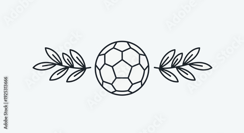 Soccer Ball and Olive Branches Line Art Logo Design, Isolated White Background