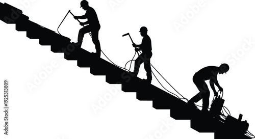 Industrial workers cutting metal on staircase silhouette, construction laborers using tools at building site illustration concept