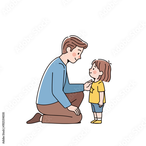 A cartoon illustration of a man kneeling and talking to a cute little boy with a dragon toy, conveying a warm and tender moment.