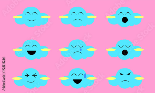 Cute blue cloud emoji set.