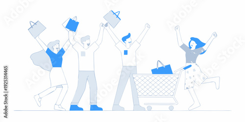 People celebrating with shopping bags and a full shopping cart